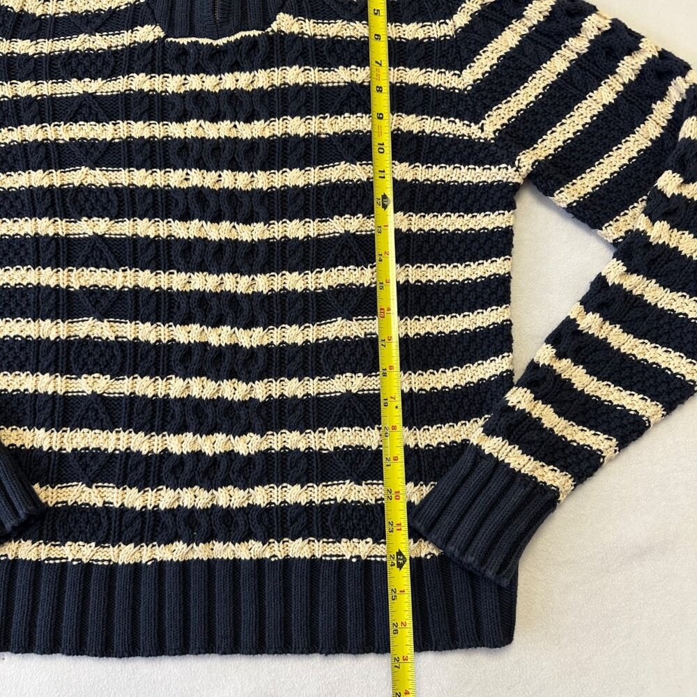 LL Bean Mens Cotton Striped Cable Knit Fisherman Sweater Quarter Zip Size Large - Picture 6 of 13